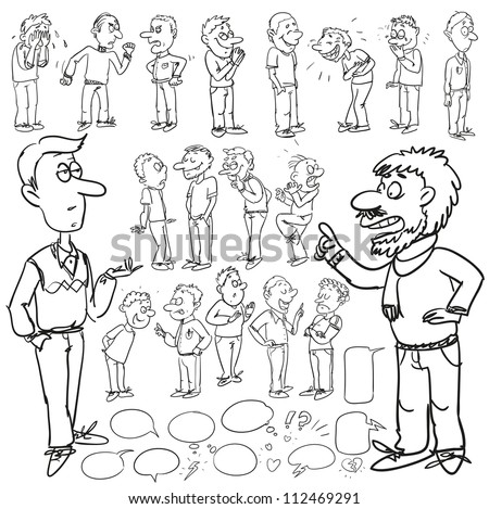 Hand drawn comic people, chatting men, expressions collection (plus speech and think bubbles), cartoon sketch