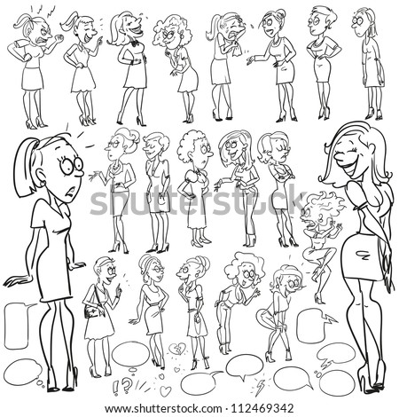 Hand drawn comic people, chatting women, expressions collection (plus speech and think bubbles), cartoon sketch
