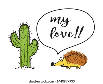 hand drawn comic print for t-shirt. cactus and hedgehog love