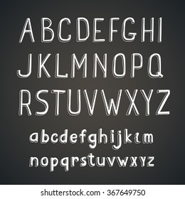 Hand drawn comic retro font. Vector white Alphabet on a blackboard