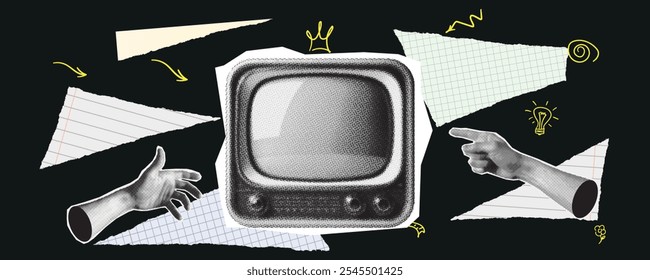 Hand drawn comic retro TV with halftone and dots. Retro halftone collage element. Vector illustration of grunge art templates