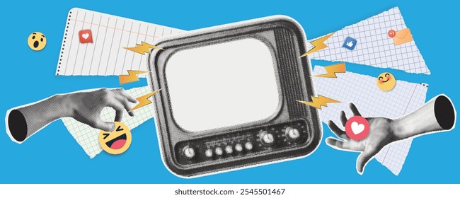 Hand drawn comic retro TV with halftone and dots. Retro halftone collage element. Vector illustration of grunge art templates