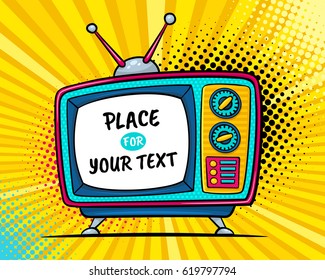 Hand drawn comic retro TV set with place for your text on screen on halftone and dots. Vector colorful background in pop art retro comic style. 