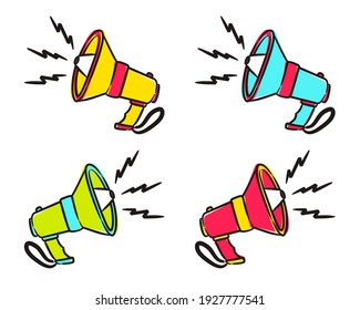 Hand drawn comic shout in cartoon style. Megaphone icons set isolated on white background. Emblem for announcements, promotions, events, alerts. Vector illustration.