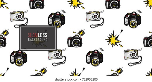 Hand drawn comic sketched body, camera, flash. Photo accessories seamless pattern. Colored endless pop art sketch on white background.
