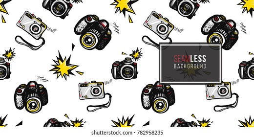 Hand drawn comic sketched body, camera, flash. Photo accessories seamless pattern. Colored endless pop art sketch on white background.
