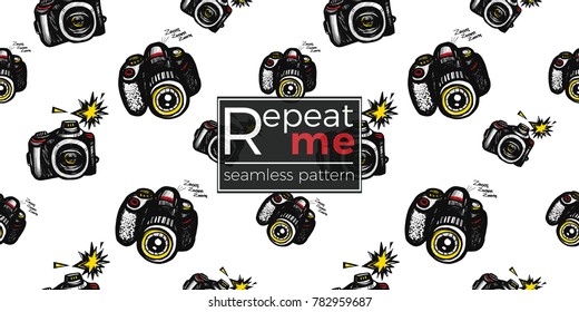 Hand drawn comic sketched body and camera. Photo accessories seamless pattern. Colored endless pop art sketch on white background.
