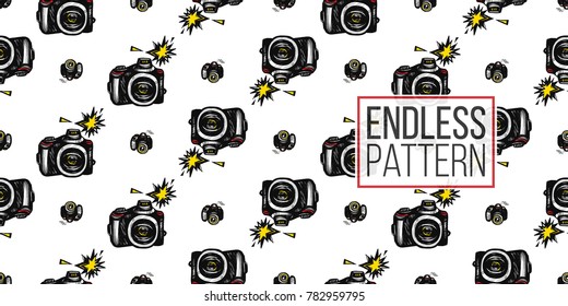 Hand drawn comic sketched body and camera. Photo accessories seamless pattern. Colored endless pop art sketch on white background.
