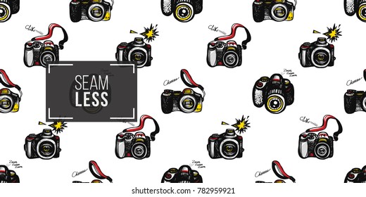 Hand drawn comic sketched body, camera, digital, SLR. Photo accessories seamless pattern. Colored endless pop art sketch on white background.
