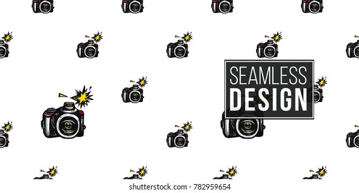 Hand drawn comic sketched camera. Photo accessories seamless pattern. Colored endless pop art sketch on white background.

