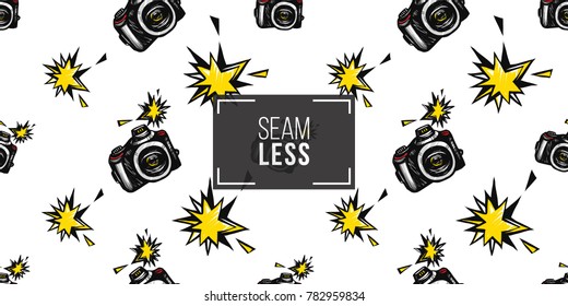 Hand drawn comic sketched camera and flash. Photo accessories seamless pattern. Colored endless pop art sketch on white background.
