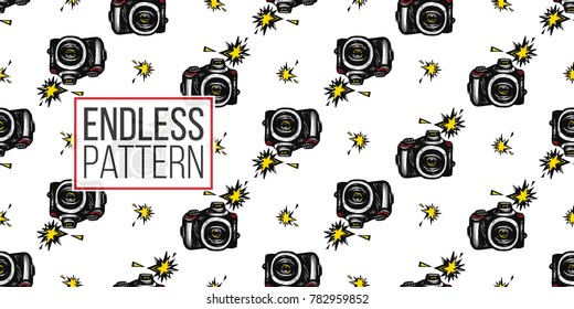 Hand drawn comic sketched camera and flash. Photo accessories seamless pattern. Colored endless pop art sketch on white background.
