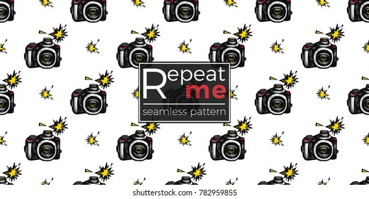 Hand drawn comic sketched camera and flash. Photo accessories seamless pattern. Colored endless pop art sketch on white background.
