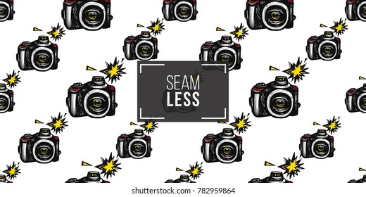 Hand drawn comic sketched camera. Photo accessories seamless pattern. Colored endless pop art sketch on white background.
