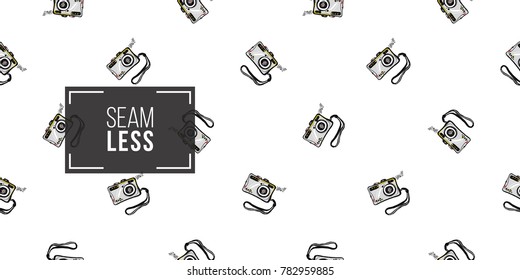 Hand drawn comic sketched camera. Photo accessories seamless pattern. Colored endless pop art sketch on white background.
