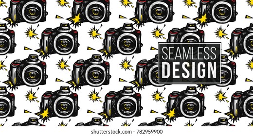 Hand drawn comic sketched camera and flash. Photo accessories seamless pattern. Colored endless pop art sketch on white background.

