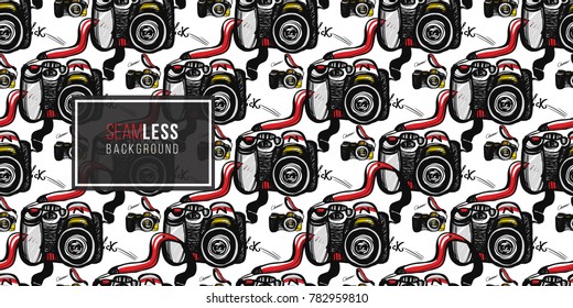 Hand drawn comic sketched digital and SLR. Photo accessories seamless pattern. Colored endless pop art sketch on white background.
