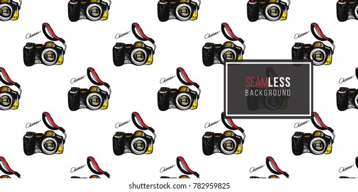 Hand drawn comic sketched digital. Photo accessories seamless pattern. Colored endless pop art sketch on white background.
