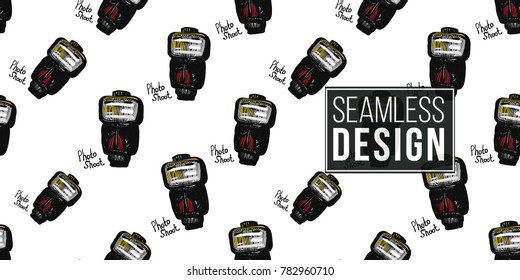 Hand drawn comic sketched digital. Photo flash seamless pattern. Endless pop art sketch on white background.