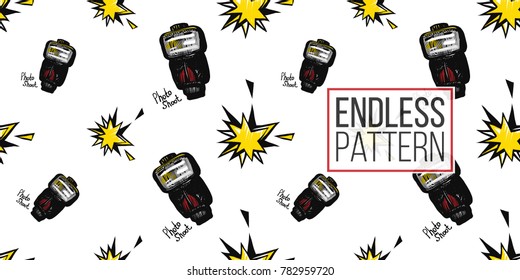 Hand drawn comic sketched flash. Photo accessories seamless pattern. Colored endless pop art sketch on white background.
