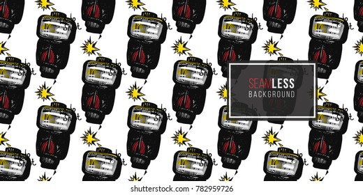Hand drawn comic sketched flash. Photo accessories seamless pattern. Colored endless pop art sketch on white background.
