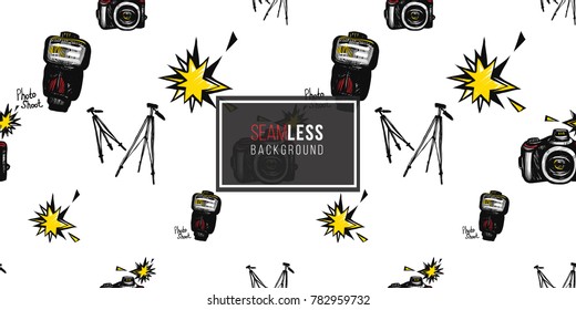 Hand drawn comic sketched flash, camera, tripod. Photo accessories seamless pattern. Colored endless pop art sketch on white background.
