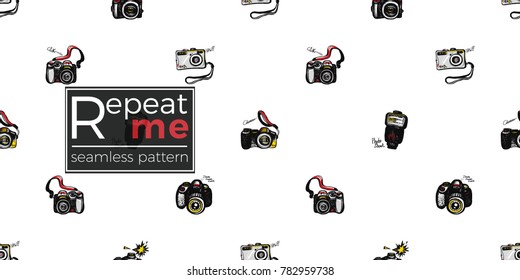 Hand drawn comic sketched flash, body, camera, digital, SLR. Photo accessories seamless pattern. Colored endless pop art sketch on white background.
