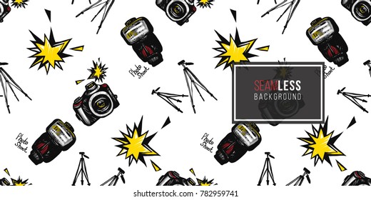 Hand drawn comic sketched flash, camera, tripod. Photo accessories seamless pattern. Colored endless pop art sketch on white background.
