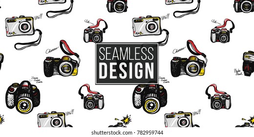 Hand drawn comic sketched flash, body, camera, digital, SLR. Photo accessories seamless pattern. Colored endless pop art sketch on white background.
