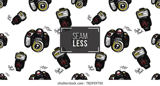 Hand drawn comic sketched flash and body. Photo accessories seamless pattern. Colored endless pop art sketch on white background.
