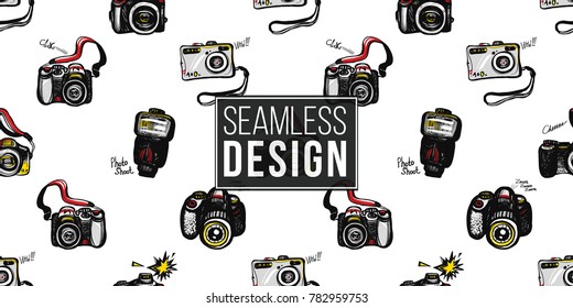 Hand drawn comic sketched flash, body, camera, digital, SLR. Photo accessories seamless pattern. Colored endless pop art sketch on white background.
