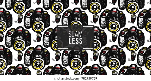 Hand drawn comic sketched flash and body. Photo accessories seamless pattern. Colored endless pop art sketch on white background.
