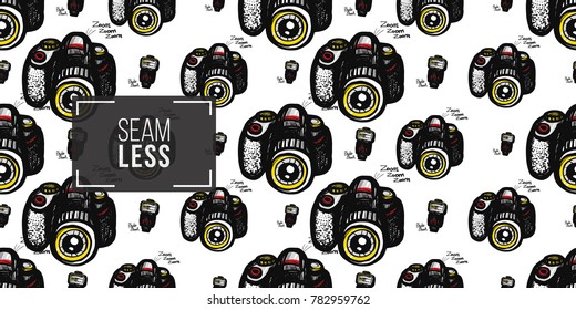 Hand drawn comic sketched flash and body. Photo accessories seamless pattern. Colored endless pop art sketch on white background.
