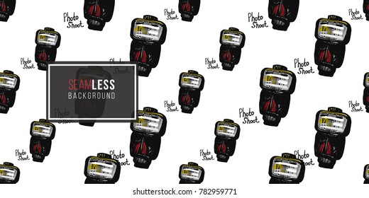Hand drawn comic sketched flash. Photo accessories seamless pattern. Colored endless pop art sketch on white background.
