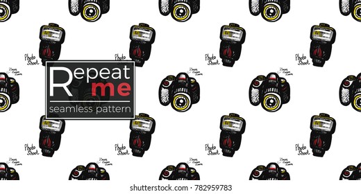 Hand drawn comic sketched flash and body. Photo accessories seamless pattern. Colored endless pop art sketch on white background.
