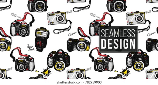 Hand drawn comic sketched flash, body, camera, digital, SLR. Photo accessories seamless pattern. Colored endless pop art sketch on white background.
