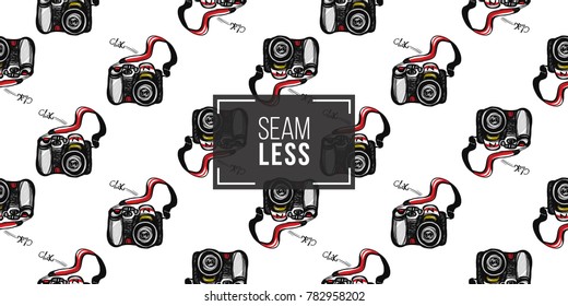 Hand drawn comic sketched SLR. Photo accessories seamless pattern. Colored endless pop art sketch on white background.
