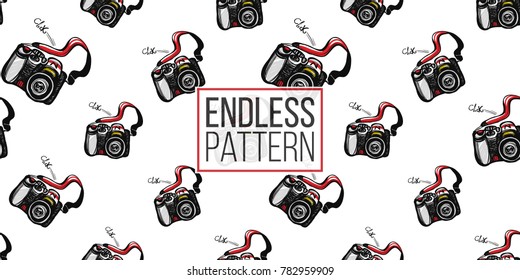 Hand drawn comic sketched SLR. Photo accessories seamless pattern. Colored endless pop art sketch on white background.
