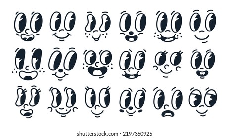 Hand drawn comic smiling faces with eyes and mouths. Doodle emoji mascots, retro mouths and eyes flat vector illustration collection. Cartoon cute comic characters