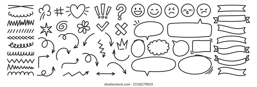 Hand drawn comic speech bubble, highlights, heart, exclamation, arrows, text box, stars and crown. Sketch vector illustration. Editable stroke.