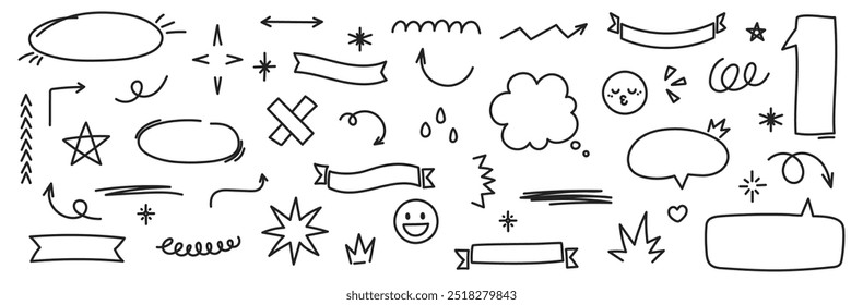 Hand drawn comic speech bubble, highlights, ribbon, arrows, stars and emoji. Sketch vector illustration. Editable stroke.