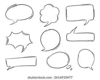 Hand Drawn Comic Speech Bubble Pack. A bundle of 9 sketch style speech bubble outlines in various shapes including round, rectangular, and comic bursts ideal for dialogue, stickers, and pop art design
