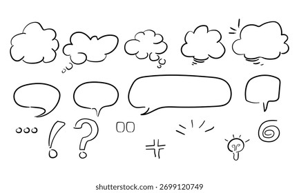 Bolha de fala cômica desenhada à mão e elementos de doodle definidos no fundo branco