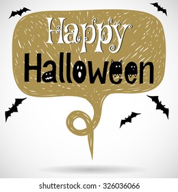 Hand drawn comic speech bubble with Happy Halloween lettering and bat silhouettes on white background.