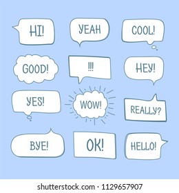 Hand drawn comic speech bubbles with message words vector collection.