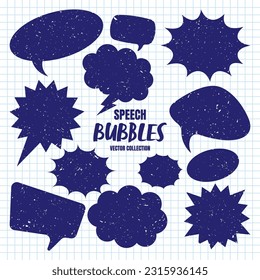 Hand drawn comic speech bubbles on checkered paper sheet. School notebook for drawing. Grunge retro cartoon stickers. Chatting, message box. Vector illustration