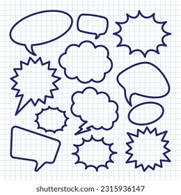 Hand drawn comic speech bubbles on checkered paper sheet. School notebook for drawing. Simple retro cartoon stickers. Chatting, message box. Vector illustration