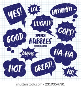 Hand drawn comic speech bubbles on checkered paper sheet. School notebook for drawing. Grunge retro cartoon stickers. Chatting, message box. Vector illustration