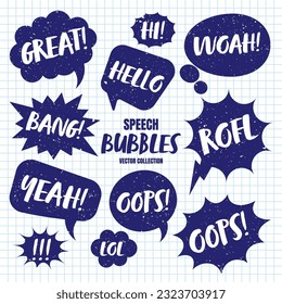 Hand drawn comic speech bubbles on checkered paper sheet. School notebook for drawing. Grunge retro cartoon stickers. Chatting, message box. Vector illustration
