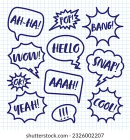 Hand drawn comic speech bubbles on checkered paper sheet. School notebook for drawing. Simple retro cartoon stickers. Chatting, message box. Vector illustration